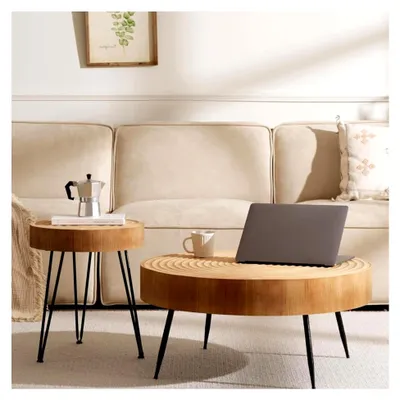 Produktbild von Runder Couchtisch aus Holz, 2er Set mit schwarzem Metallgestell, ø77x36cm und 40x47cm