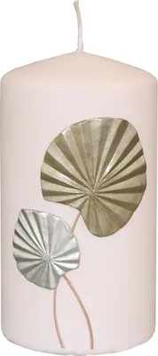 Produktbild von INNA-Glas Stumpenkerze LLUVIA mit Palmwedel Motiv, zartrosa, 13cm, Ø7cm, 52h - Votivkerze