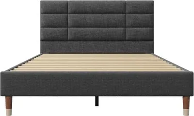 A front view of a gray upholstered bed frame with a slatted mattress support.