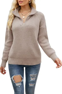 Produktbild von ASKSA Damen Strickpullover Reissverschluss Revers Lange aermel Elegant Grobstrick Casual Pullover, Kamel, M