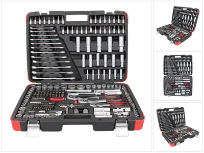 A collage of images showing a red and black tool kit with various tools inside.
