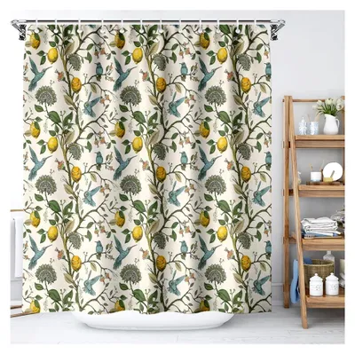 Produktbild von Duschvorhang mit Zitronenmotiv, Obstdesign, Kolibri, Zitrone, Sommer, frische Früchte, Blumen, Zweige, Beeren, Natur, Boho-Chic, 180 x 180 cm