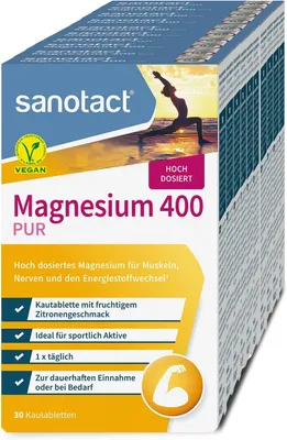 Produktbild von sanotact Magnesium 400 (10 x 30 Kautabletten) - Magnesium hochdosiert für Muskeln & Nerven - 400mg Magnesium mit Sofortwirkung - 100% Vegan