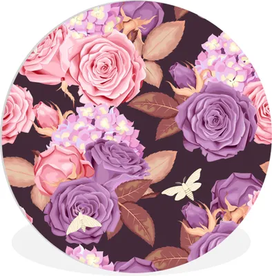 Produktbild von MuchoWow® Rundes Wandbild - Runde Bilder Blumen - Schmetterlinge - Rosa - Lila Ø 60 cm Kreis Wanddekoration Kunststoff - Wandkreis - Wandschmuck - Wand Kreis - Das Schlafzimmer - Die Bilder - Wandmalerei - Kunst für das Haus - das Plastik