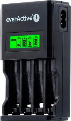 A black battery charger with four slots for batteries.