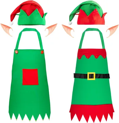 Produktbild von Set 2 Weihnachtskostüme, Schürze und Zwergenmütze, für Männer und Frauen, Weihnachtsdeko