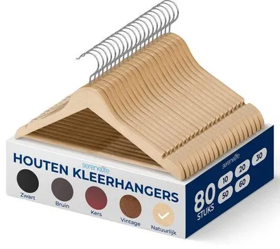 Produktbild von SereneLife Kleiderbügel Naturholz, rutschfest, drehbarer Haken, 80 Stück