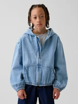 Produktbild von GAP lockere Kinder Jeansjacke Blau M mit Kapuze, Reißverschluss und Kängurutaschen