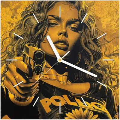 Produktbild von Wanduhr aus Glas mit Motiv Frau Mit Pistole Kunst- 30 x 30 cm - inkl. Aufhängesystem