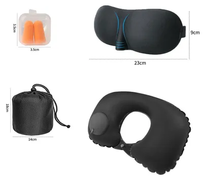 Productafbeelding van INF Melkzijde zelfopblazend U-nekkussen reisset met 3D-slaapmasker, oordopjes en opbergzak zwart