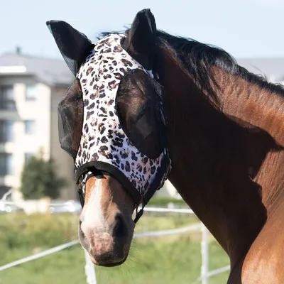 Imagen del producto de Máscara para mosquitos, elástica, con estampado de leopardo, con protección UV, para caballos
