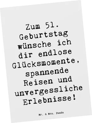 Produktbild von Mr. & Mrs. Panda Postkarte Spruch 51. Geburtstag Glücksmomente - Weiß - Geschenk, jeden Moment genießen, Ansichtskarte, Postkarten, Happy Birthday, einzelkarte, Grußkarte