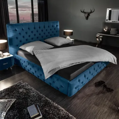 Produktbild von Elegantes Doppelbett PARIS 180x200cm dunkelblau Samt Chesterfield Design Ehebett Bett