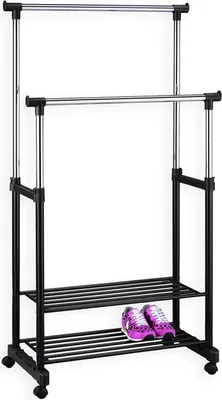 Produktbild von Garderobenwagen Kleiderständer Rollgarderobe NELMA, mit 2 Ablagen und Kleiderstangen, 4 Rollen, schwarz chrom