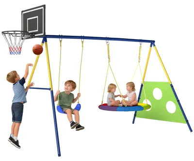 Produktbild von AIYAPLAY Schaukelgestell 4-in-1 Schaukel-Set mit Nestschaukel Basketballkorb