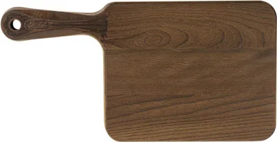 A wooden cutting board with a handle is shown against a white background.