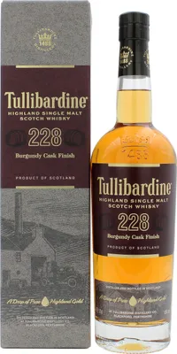 A bottle of Tullibardine Burgundy Cask Finish Highland Single Malt Scotch Whisky next to its packaging.