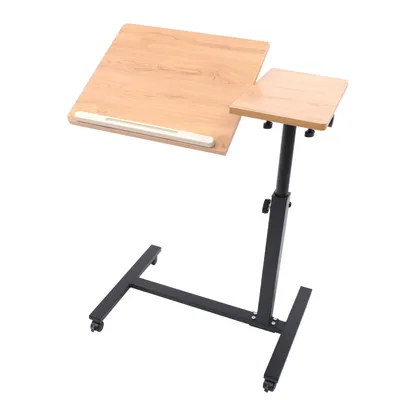 Image de Table pour ordinateur portable réglable en hauteur avec roulettes 360° Table d'ordinateur mobile en bois et métal Table d'appoint (marron) pour lit de chambre à coucher
