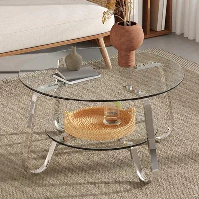 Image de Table basse à structure métallique et plateau en verre trempé à double paroi, élégante et minimaliste