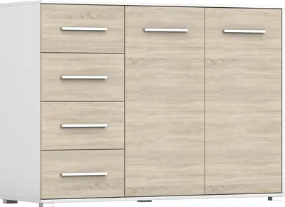Produktbild von 2er-Set Schwebetürenschrank Schrank Kleiderschrank mit Zierleisten Weiß/Sonoma 150cm Vista 06 mit Kommode 135cm FRIDA 01