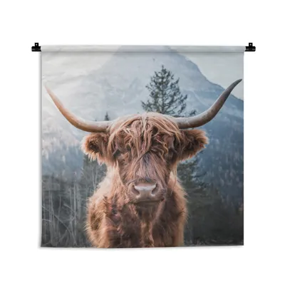 Produktbild von MuchoWow® Wandteppich Wandbehang Schottische Hochlandrind - Berge - Landschaft 120x120 cm Tapisserie Dekoration Wandtuch - Modern - Baumwollgewebe