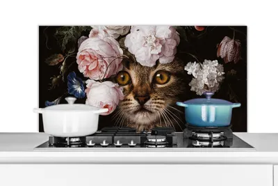 Produktbild von KitchenYeah®  Spritzschutz Küche - Küchenrückwand - Wandschutz für Herd und Spüle - Katze - Blumen - Tiere 100x50 - Alu-Dibond (Alternative zum Spritzschutz aus Glas) - Hitzebeständig - Herdspritzschu