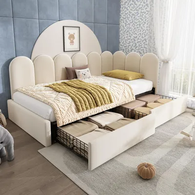 Obrázek produktu pro okwish Rozkládací pohovka 90x200 čalouněná postel denní postel se 2 zásuvkami, dětská postel, jednolůžko s laťkovým roštem a kolečky, béžová (bez matrace)