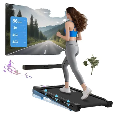Produktbild von Laufband für unter den Schreibtisch, Robuster Stahlrahmen, Geschwindigkeitsbereich von 1-6 km/h, Abmessungen 121,5 x 51,5 x 13 cm, Verstellbare Neigung bis zu 9%, Bluetooth-Konnektivität