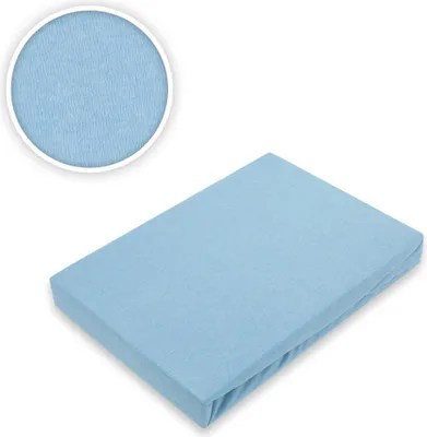 A light blue fitted sheet is shown on a white background, with a close-up inset of the fabric texture.