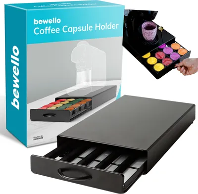 Produktbild von Kapselhalter mit Schublade Dolce Gusto – Tassenhalter für 20 Kaffeekapseln – Kapselhalter – Edelstahl – Schwarz – 300 x 240 x 70 mm