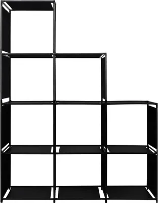A black tiered shelving unit against a white background.