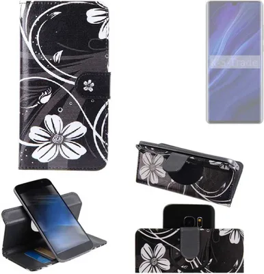 Produktbild von K-S-Trade Schutzhülle Handyhülle kompatibel mit Huawei P30 Pro New Edition Hülle 360° Wallet Case ''Flowers'' Klapphülle Hülle schwarz-weiß 1x