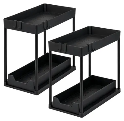 Productafbeelding van Eluno keukenorganizer voor onder de gootsteen, set van 2, uitschuifbaar rek met 2 niveaus voor onder de keukenkast met 8 haken, zwart