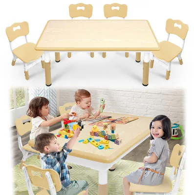 Image de Ensemble table et chaises pour enfants – Table de jeu – Table pour enfants – Mobilier réglable – Meuble pour enfants en plastique – Couleur bois – 4 chaises – Hauteur réglable – Ensemble