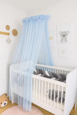 Produktbild von Baby Fancyroom Betthimmel für Babybett Gitterbett Kinderbett 300x180 cm – feiner Tüll, handgefertigt, eleganter Volant – erhältlich in Beige, Blau, Altrosa, Ecru (Blau)