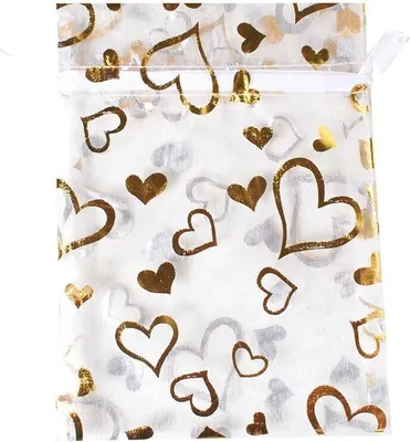 Produktbild von 1 Organzabeutel transparent mit goldenen Herzen und weißem Ziehband 17,5 x 13 cm