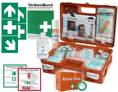 Produktbild von Verbandskoffer (K) Typ CS -Paket 1- Erste Hilfe nach akt. DIN 13157 für Betriebe INKL. PERF. VERBANDBUCH + Hygiene-Gel & Sprühpflaster + AUFKLEBER