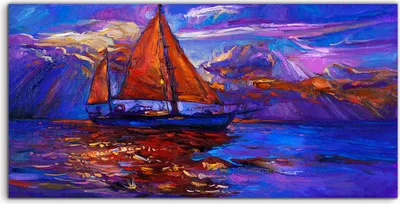 Produktbild von Coloray Spritzschutz aus Glas 100x50  Wandkunst Küchenrückwand Kunst Seelandschaft Lila Segel Schiff