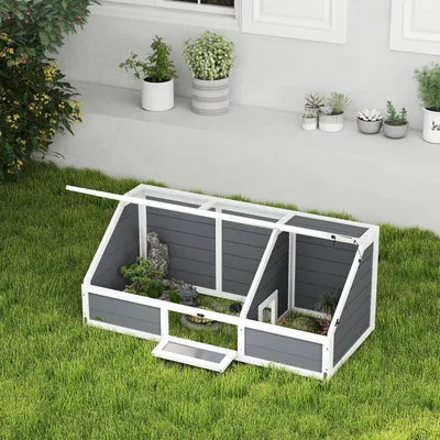 Produktbild von Schildkrötengehege Outdoor, bodenloses Reptiliengehege, Schildkrötenhaus Tannenholz, Hellgrau | 120 x 55 x 50 cm | verankerbar | Fichtenholz + Stahl