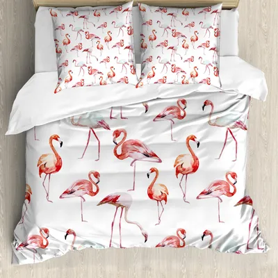 Produktbild von ABAKUHAUS Flamingo Bettbezug Set, Aquarell wiederholendes Muster mit exotischen Vögeln Tier Themed Bild, 200 x 200 cm + 80 x 80 cm, Pale Pink Coral
