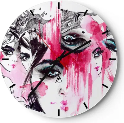 Produktbild von Wanduhr - Rund - Glasuhr - Frauen Gesichter Augen illustration - 40x40cm - Schleichendes Uhrwerk - Lautlos - zum Aufhängen bereit - Dekoration Modern - Wanddekoration aus Glas - C3AR40x40-3095