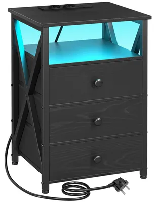 Nachtkast mit LED, Ladestation, 3 Stoffschubladen, Schwarz