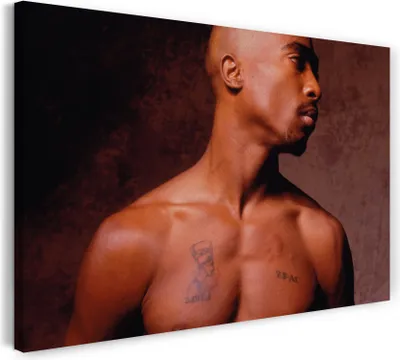 Produktbild von Leinwandbild (100x70cm): Tupac 2Pac Shakur Oberkörper frei, echter Holz-Keilrahmen inkl. Aufhänger, handgefertigt in Deutschland