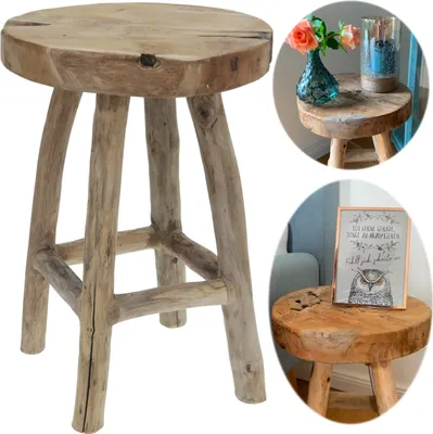 A collage of a rustic wooden stool, with two inset circular images showing the stool used as a side table with flowers and a decorative picture.