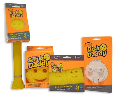 Imagen del producto de Cepillo de limpieza amarillo con dispensador de jabón y cabezal intercambiable