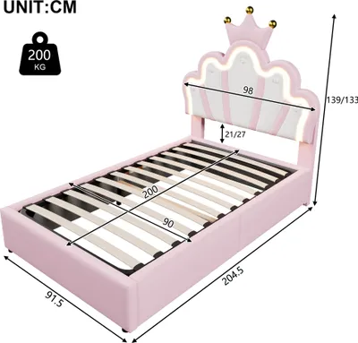 Image de okwish Lit rembourré 90 x 200 cm avec bande LED, lit enfant avec mécanisme hydraulique, cadre de lit pour jeunes avec tête de lit réglable, sans matelas – rose