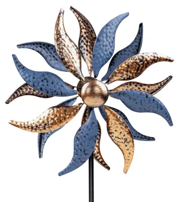Produktbild von Gartenstecker Windrad H123cm Metall Gold Blau Windmühle Erdspieß Garten Deko
