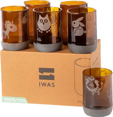 Produktbild von IWAS - Upgecyceltes Trinkglas-Set für Kinder - Set von 6 - Tierkollektion - 300 ML - Nachhaltige Wassergläser für Kinder - Sehr Stabil - Umweltfreundlich - Braune Wassergläser