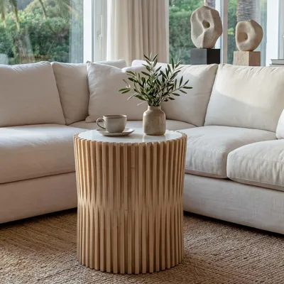 Immagine prodotto di Tavolino HWC-N31, tavolino da caffè tavolino da salotto tavolino da fiori comodino, legno di abete Ø51cm bianco naturale