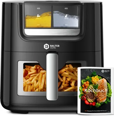 Produktbild von Balter Heißluftfritteuse 7,2L mit Sichtfenster, 1800W, Öl- & Wasser-Spray, Airfryer, 10 Programme, Touchbedienung, 100 Rezepte, Edelstahl, Schwarz